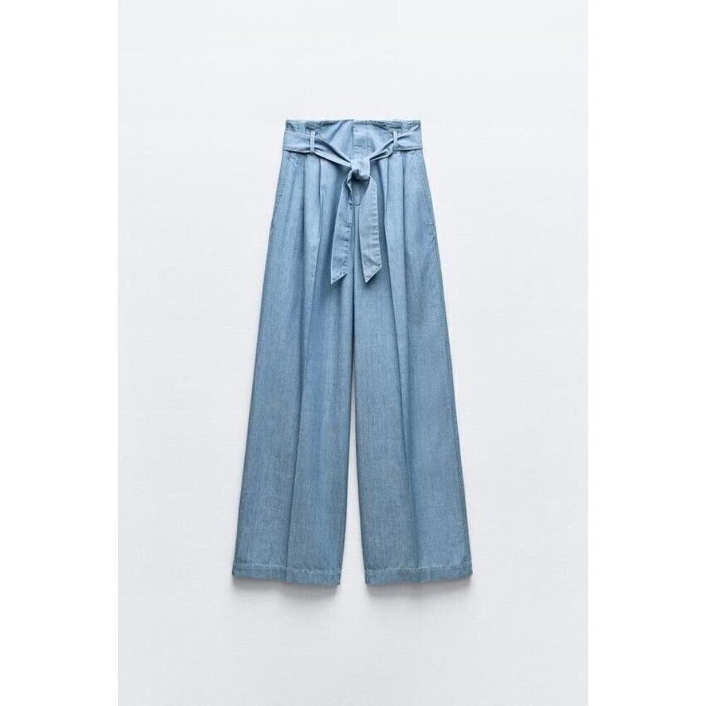 Zara Womens Dress Pants S Blue Wide Leg High Rise Pleated Belted 7968/051 NWT